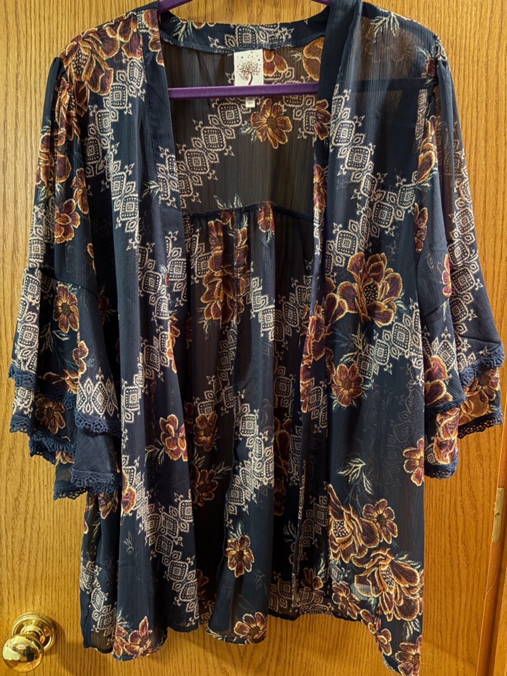 Self Esteem Navy Sheer Floral Kimono with Rust & Cream Accents